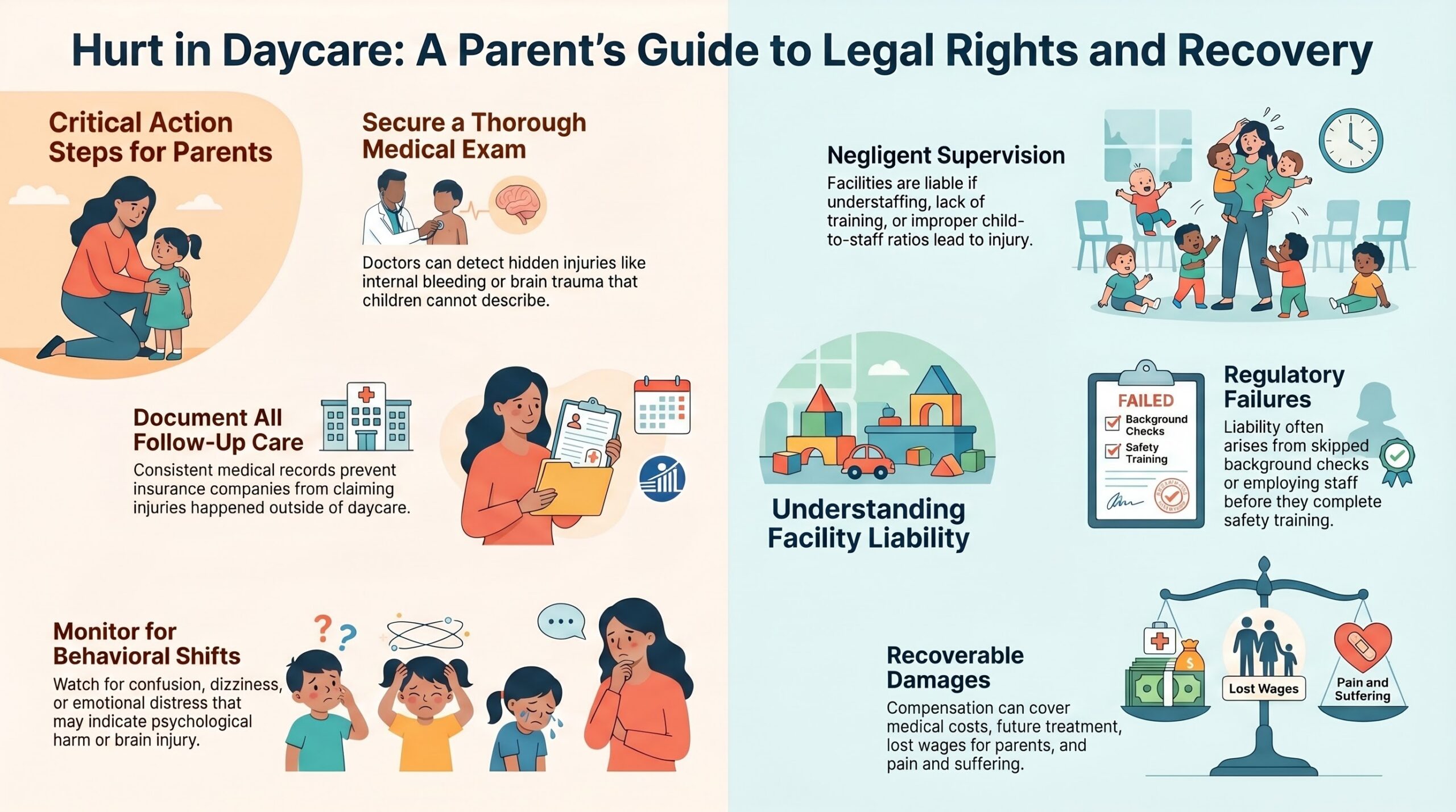 infographic on daycare injuries highlighting steps for parents emphasizing personal injury lawyer and attorney guidance