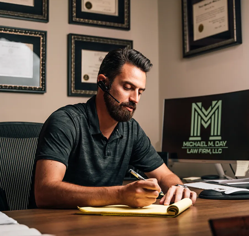 attorney michael m day wearing a headset writes notes at his desk surrounded by framed certificates and paperwork