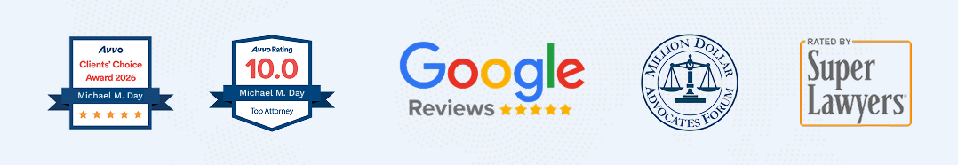 michael m day law firm awards banner showing avvo client’s choice award and google reviews 5 stars and super lawyers